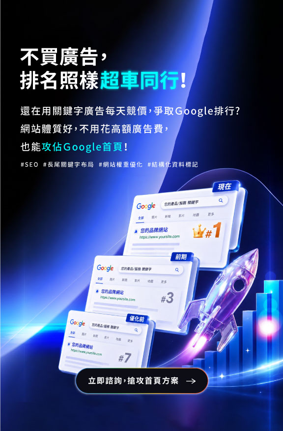 不買廣告，排名照樣超車同行！還在用關鍵字廣告每天競價，爭取Ｇoogle排行? 網站體質好，不用花高額廣告費，也能攻佔Ｇoogle首頁！